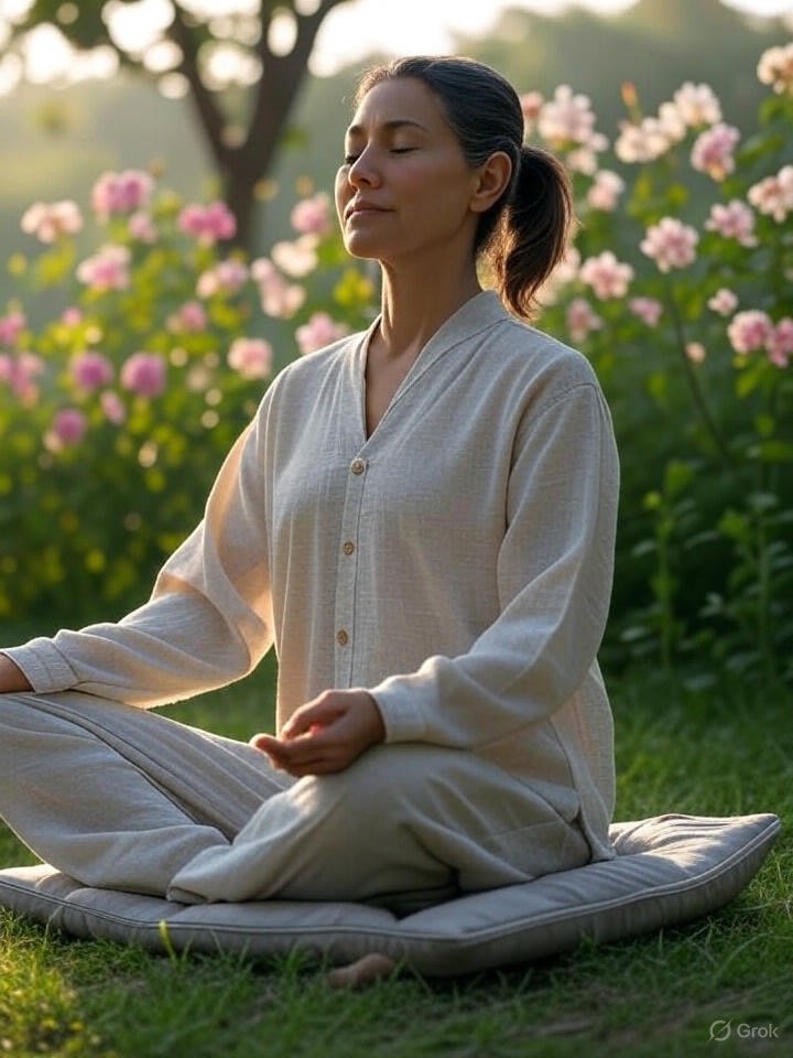 Mulher em meditação entre flores