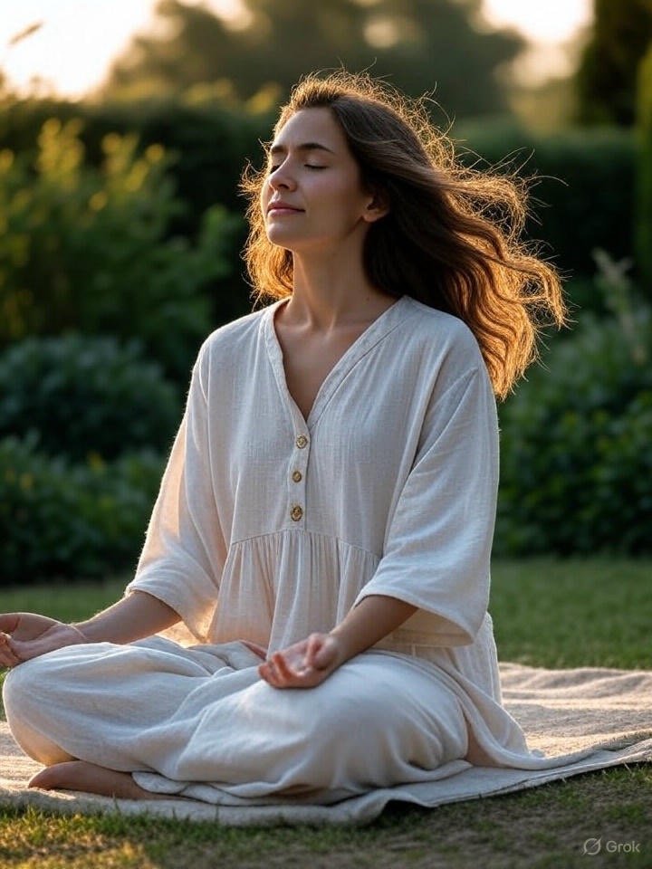 Mulher em meditação ao entardecer