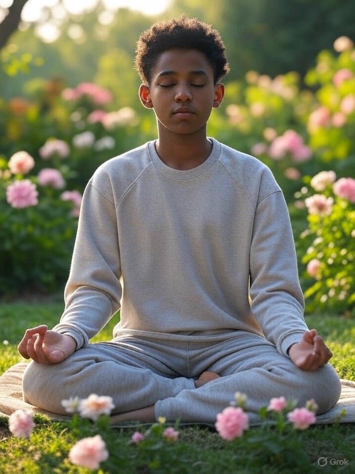 Pessoa meditando em um jardim florido
