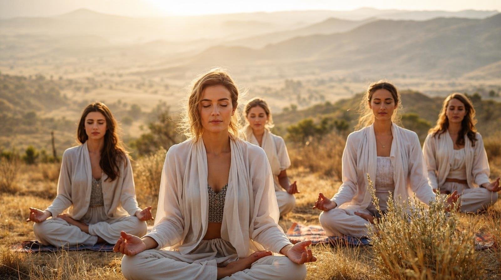 Pessoas meditando ao ar livre, sob a luz suave de um vale.