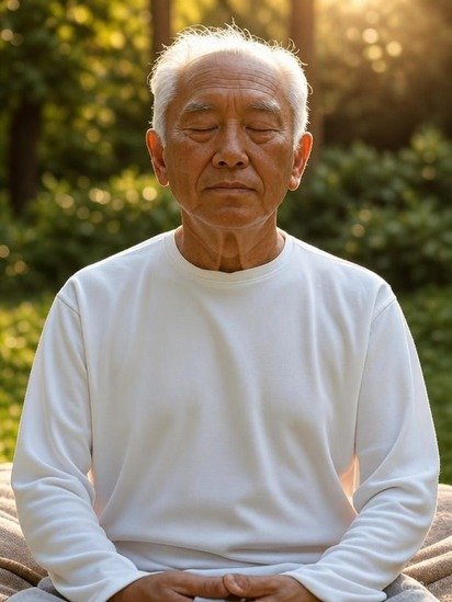 Pessoa meditando sob a luz suave de um jardim.