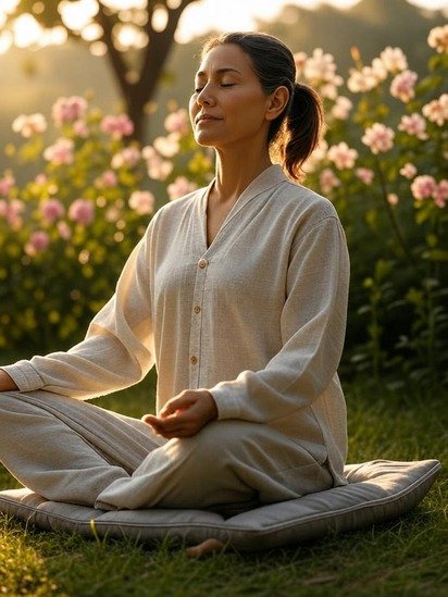 Mulher em meditação entre flores e árvores.