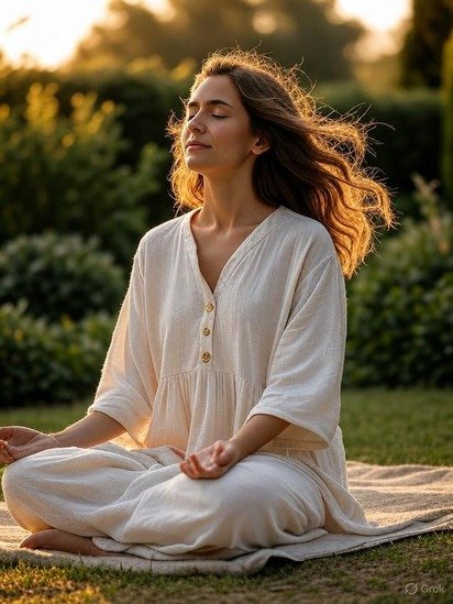 Pessoa em meditação ao ar livre ao entardecer.