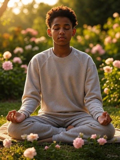 Pessoa meditando em um jardim florido.