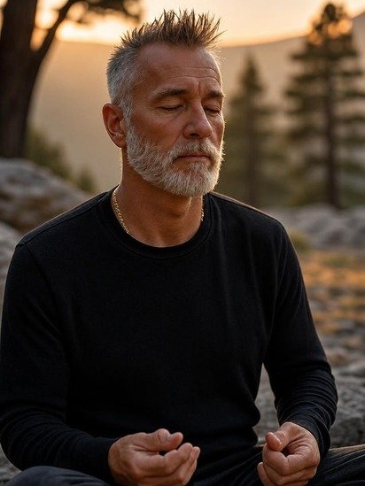 Homem meditando em um ambiente natural.