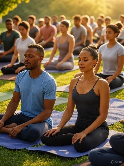 Grupo em meditação ao ar livre.